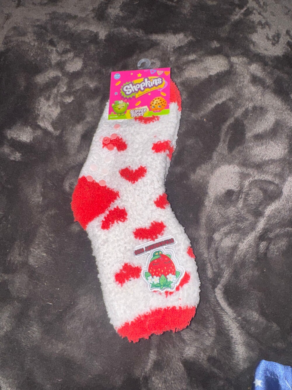 NWT. Shopkins Slipper Socks Size 3-9 Red White Polyester Spandex Non Slip